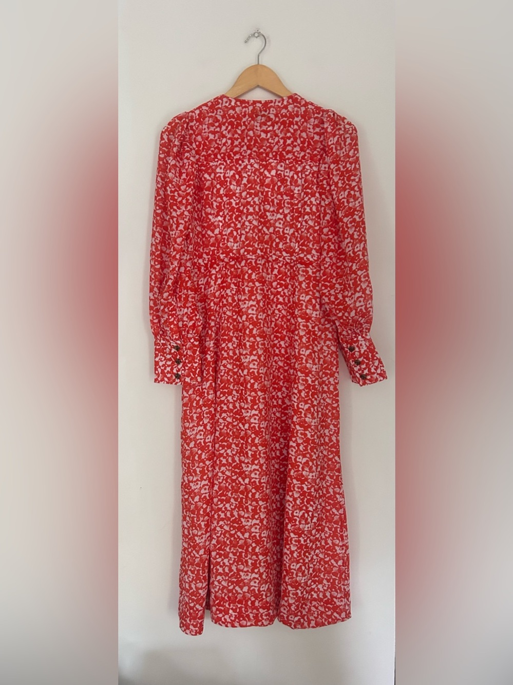 new Ganni Red White Floral Midi Dress Puff Sleeve Button Detail Size 40 - Picture 7 of 10